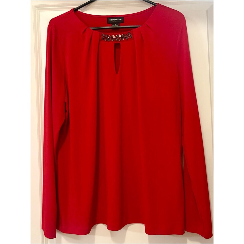 Liz Claiborne Career Blouse Top Size XL Stretch Pullover Red Sequins Beads